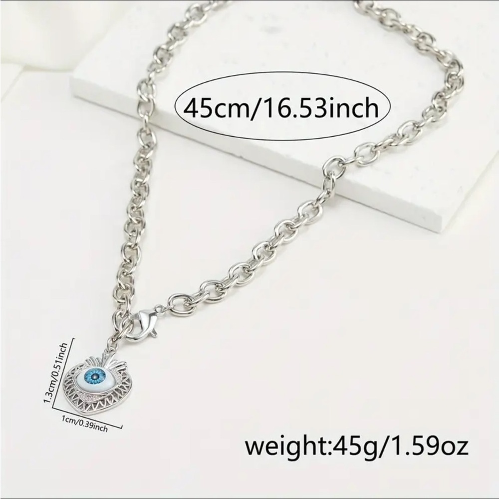 Silver Heart Shaped Evil Eye Pendant Necklace - Picture 3 of 5